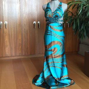Vibrant Teal and Brown Swirl Prom Dress